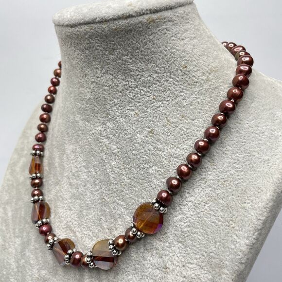 Stunning Silk Double Knotted Brown Freshwater Pearl Crystal Beaded Necklace - Picture 3 of 7